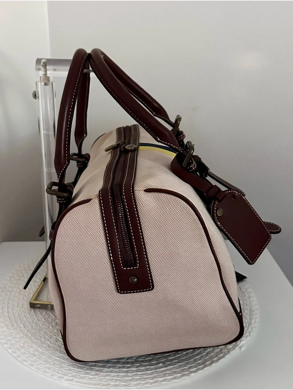 MCM Limited Beige Canvas Brown Leather Trim Boston Weekender Duffle Bag Unisex